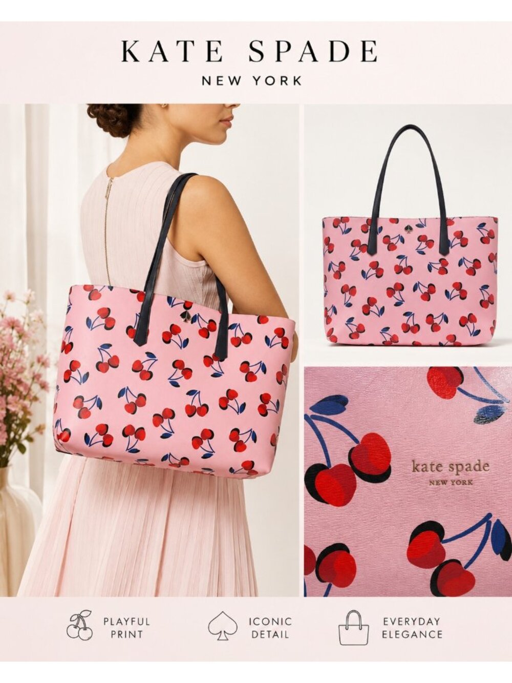 Kate Spade New York Pink Cherry Print Tote Bag Navy Shoulder Straps Medium